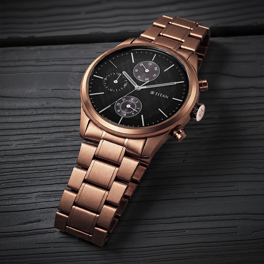 titan neo splash quartz multifunction black dial metallic brown stainless steel strap watch for men nt1805qm04 titan neo splash quartz multifunction black dial metallic brown stainless steel strap watch for men nt1805qm04