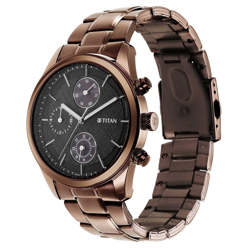titan neo splash quartz multifunction black dial metallic brown stainless steel strap watch for men nt1805qm04 titan neo splash quartz multifunction black dial metallic brown stainless steel strap watch for men nt1805qm04